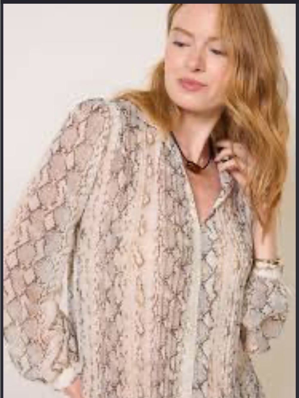 Grace Neutral Snake-Print Sheer Blouse in Beige and Black
